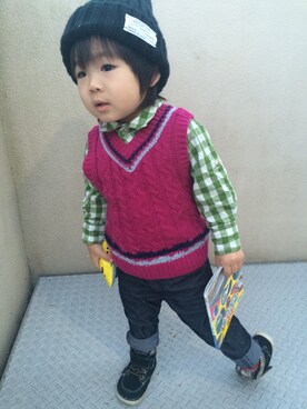 「アイテム（ベスト、パープル系）」を使った、RIIkunさん（キッズ・90cm）の秋コーディネート