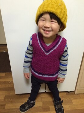 「アイテム（ベスト、パープル系）」を使った、RIIkunさん（キッズ・90cm）の秋コーディネート
