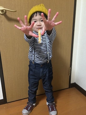 「アイテム（サスペンダー）」を使った、RIIkunさん（キッズ・90cm）の冬コーディネート