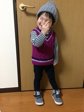 「アイテム（ベスト、パープル系）」を使った、RIIkunさん（キッズ・90cm）の冬コーディネート