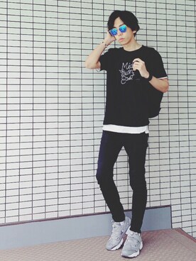 「RAGEBLUE（レイジブルー）のロゴ刺繍Tシャツ/566787（Tシャツ/カットソー、ブラック系）」を使った、ヤマダ コウキさん（メンズ・178cm）の春コーディネート