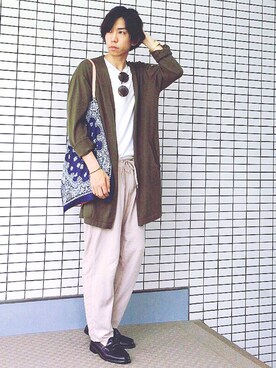 「SENSE OF PLACE by URBAN RESEARCH（センスオブプレイスバイアーバンリサーチ）の【A】ロングカーディガン（カーディガン/ボレロ、グリーン系）」を使った、ヤマダ コウキさん（メンズ・178cm）の夏コーディネート