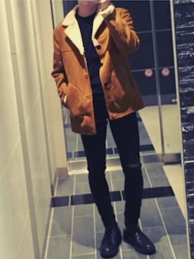 「ZARA（ザラ）のアイテム（ムートンコート）」を使った、Hiroaki Takeiさん（メンズ・175cm）の秋コーディネート