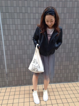 「エコバッグ」｜「アイテム（ライダースジャケット）」を使った、Hana*さん（レディース・163cm）の秋コーディネート