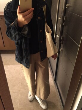 「AZUL by moussy（アズールバイマウジー）のコットンエステル起毛ピーチワイドパンツ（その他パンツ、ベージュ系）」を使った、RHNさん（レディース・158cm）の冬コーディネート