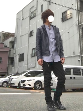 「ノーカラーシャツ」｜「アイテム（ライダースジャケット）」を使った、n.y.a h.h さん（メンズ・165cm）の春コーディネート