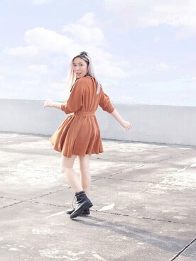 「アイテム（ドレス、ブラウン系）」を使った、Cinddieさん（レディース・158cm）の春コーディネート