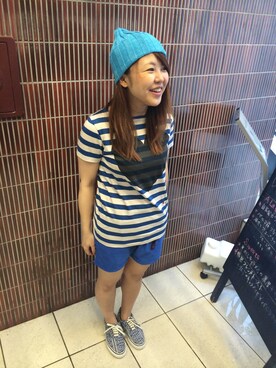 「ジャパンブルー」｜「アイテム（ニットキャップ/ビーニー）」を使った、もぎさん（レディース・153cm）の夏コーディネート