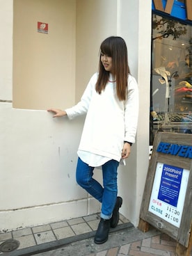 「BEAVER別注」｜「アイテム（ブーツ）」を使った、もぎさん（レディース・153cm）の秋コーディネート