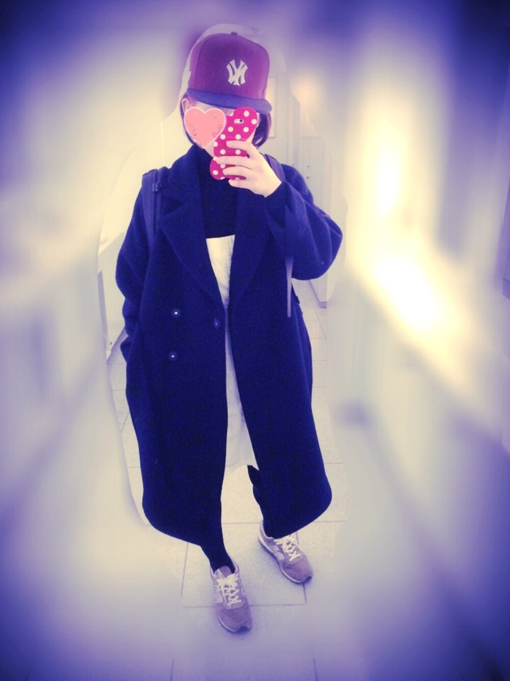 「冬のSALEで買いました！（アウター）、トイレから失礼しやす、ひとりは不安、ジャンパースカート、黒タートルネック」｜「URBAN RESEARCH DOORS WOMENSのDOORS モッサダブルコクーンロングコート（その他アウター、ブルー系）」を使った、みくこさん（レディース・161cm）の冬コーディネートの1枚目の写真