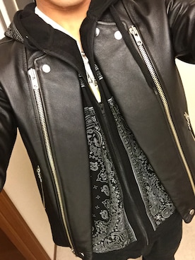「DOWBL（ダブル）のアイテム（ライダースジャケット）」を使った、こぺさんさん（メンズ・172cm）の秋コーディネート