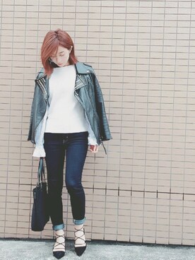 「AVAN LILY（アヴァンリリィ）のアイテム（ライダースジャケット）」を使った、瀬口かなさん（レディース・158cm）の春コーディネート