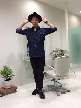 「ART COMES FIRST（アートカムズファースト）のアイテム（帽子）」を使った、長野晃宏さん（メンズ・165cm）の夏コーディネート
