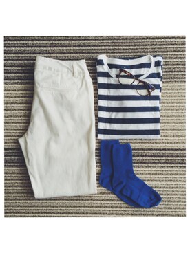 「無印良品（ムジルシリョウヒン）のアイテム（Tシャツ/カットソー、ブルー系）」を使った、むちさん（レディース・153cm）の夏コーディネート