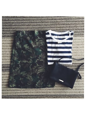 「無印良品（ムジルシリョウヒン）のアイテム（Tシャツ/カットソー、ブルー系）」を使った、むちさん（レディース・153cm）の夏コーディネート