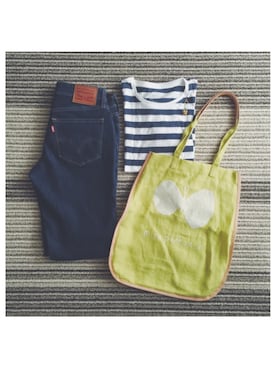 「無印良品（ムジルシリョウヒン）のアイテム（Tシャツ/カットソー、ブルー系）」を使った、むちさん（レディース・153cm）の夏コーディネート