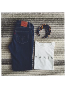 「Levi's（リーバイス）のアイテム（デニムパンツ、ブルー系）」を使った、むちさん（レディース・153cm）の夏コーディネート