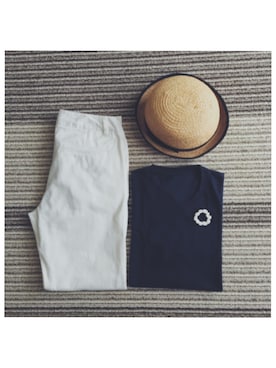 「UNIQLO（ユニクロ）のアイテム（Tシャツ/カットソー、ブルー系）」を使った、むちさん（レディース・153cm）の夏コーディネート