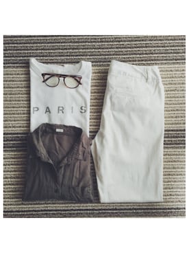 「GU（ジーユー）のアイテム（その他パンツ、ホワイト系）」を使った、むちさん（レディース・153cm）の夏コーディネート