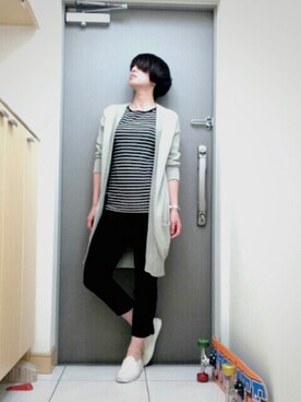 「Whim Gazette（ウィムガゼット）の14Gロングカーディガン（カーディガン/ボレロ、ベージュ系）」を使った、momoyoさん（レディース・161cm）の春コーディネート