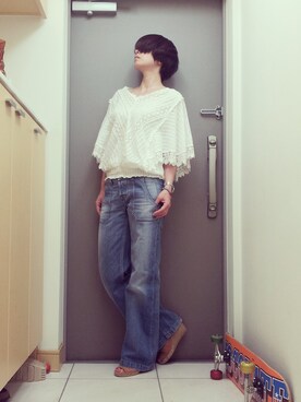 「DIESEL（ディーゼル）のバギーパンツ（デニムパンツ、ブルー系）」を使った、momoyoさん（レディース・161cm）の春コーディネート