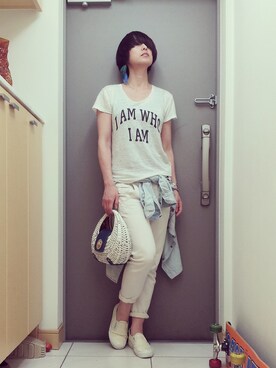 「DIESEL（ディーゼル）のロゴTシャツ（Tシャツ/カットソー、ホワイト系）」を使った、momoyoさん（レディース・161cm）の春コーディネート