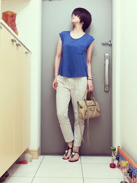 「JOURNAL STANDARD（ジャーナルスタンダード）のテンジクフレンチスリーブ（Tシャツ/カットソー、ブルー系）」を使った、momoyoさん（レディース・161cm）の夏コーディネート