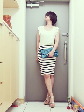 「SHIPS for women（シップスフォーウィメン）の313260023 ボーダー/ソリッド ジャージー タイトスカート（スカート、ホワイト系）」を使った、momoyoさん（レディース・161cm）の夏コーディネート