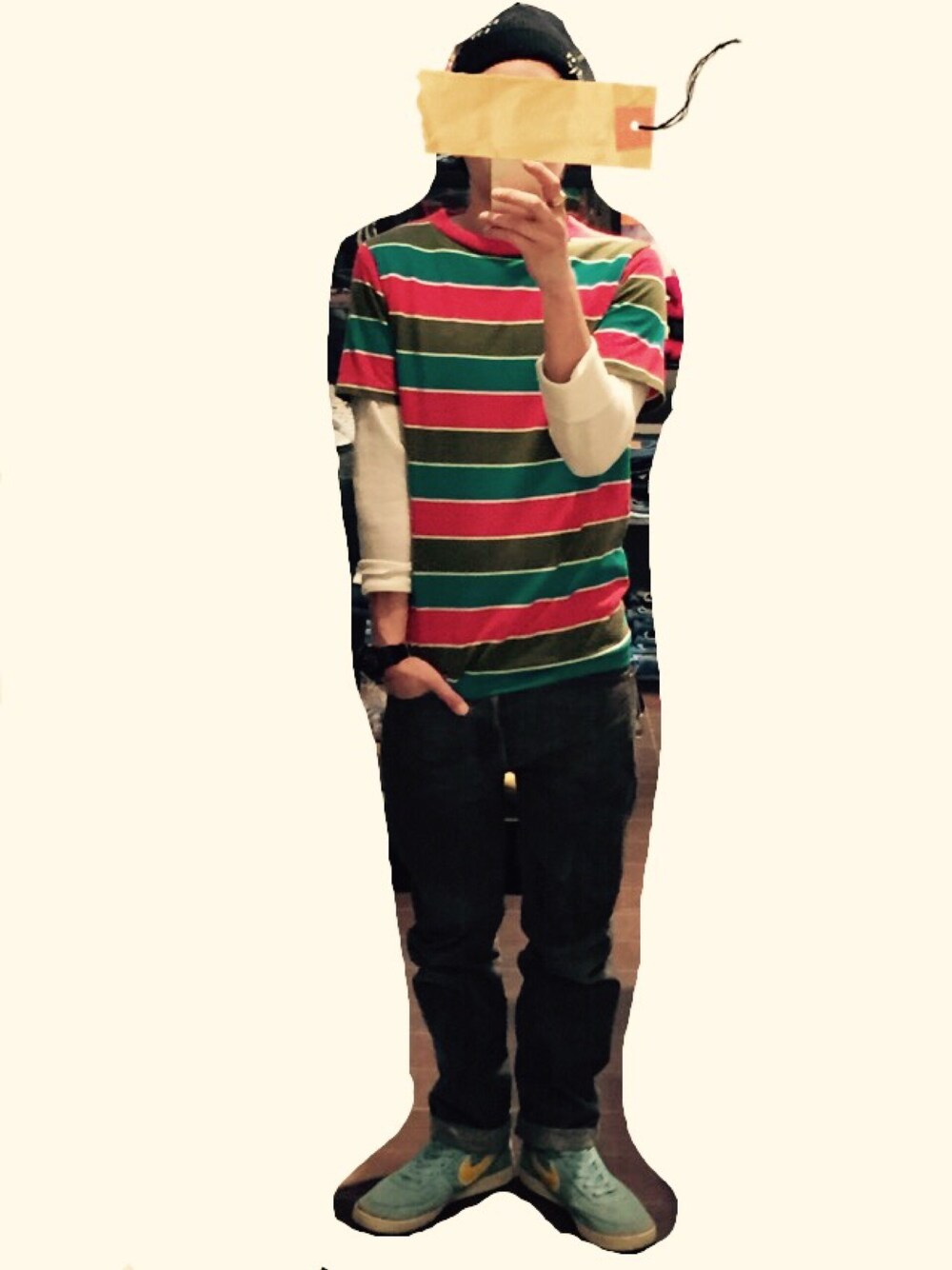 「スニーカー、ナイキ、リーバイス、ボーダー、マルチカラー、G-SHOCK、ブラックデニム、古着」｜「VINTAGEのアイテム（Tシャツ/カットソー、その他）」を使った、ゆうへいさん（メンズ・172cm）の夏コーディネートの1枚目の写真