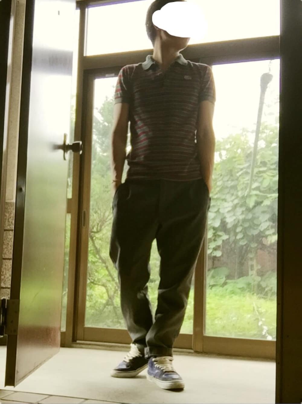 「ポロシャツ、ボーダー、スニーカー、VANS、古着、SK8　、ハーフキャブ、ディッキーズ(Dickies)、ラコステ」｜「Dickiesのアイテム（チノパンツ、グレー系）」を使った、ゆうへいさん（メンズ・172cm）の夏コーディネートの1枚目の写真