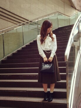 「ボウタイブラウス」｜Caraさん（レディース・161cm）の冬コーディネート