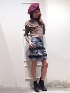 「ニットトップス」｜「アイテム（ハンチング/ベレー帽）」を使った、SAYOさん（レディース・158cm）の秋コーディネート