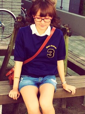 「GU（ジーユー）のアイテム（Tシャツ/カットソー、ブルー系）」を使った、ちゃそさん（レディース）の夏コーディネート