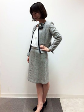 「セットアップスタイル」｜「アイテム（ノーカラージャケット）」を使った、22 OCTOBRE Staffさん（レディース・160cm）の冬コーディネート