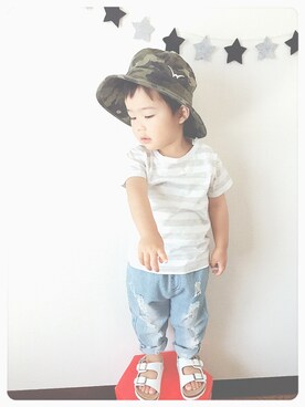 「EDWIN（エドウィン）のアイテム（帽子）」を使った、⁑⋆﻿RYU♡KAN⋆﻿⁑さん（キッズ・80cm）の夏コーディネート