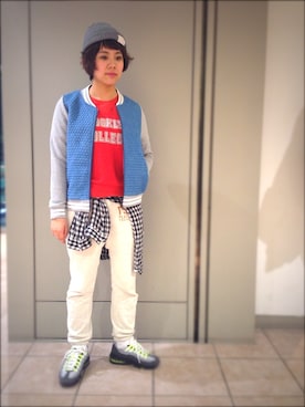 「Rinajour（リナジュール）のアイテム（スタジャン）」を使った、ashizakiさん（レディース・154cm）の春コーディネート