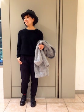 「ストライプパンツ」｜「アイテム（トレンチコート）」を使った、ashizakiさん（レディース・154cm）の冬コーディネート