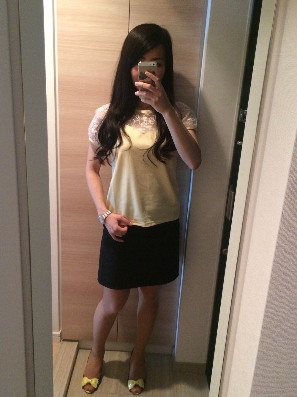 「アイテム（Tシャツ/カットソー、イエロー系）」を使った、みきてぃ♡さん（レディース・155cm）の春コーディネートの1枚目の写真