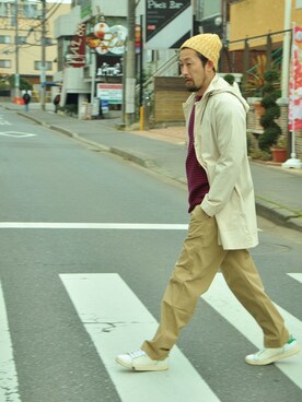 「ニットキャップ」｜「アイテム（モッズコート）」を使った、クボタ ユウイチさん（メンズ・174cm）の春コーディネート