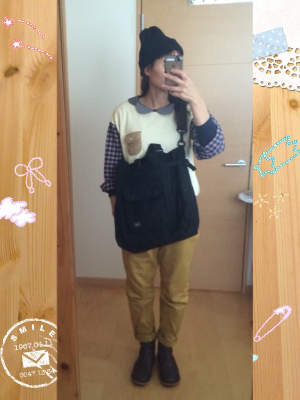 「pou dou dou、PORTER、ゆったりコーデ」｜「POU DOU DOUのアイテム（Tシャツ/カットソー、ブルー系）」を使った、まおママさん（レディース・162cm）の冬コーディネートの1枚目の写真