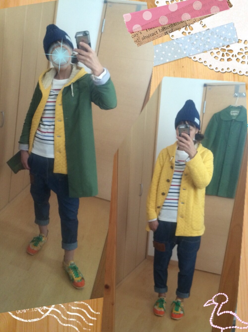 「アウターONアウター、デニム、ボーダー、メルシーボークー、フラボア」｜「NICE CLAUPのアイテム（Tシャツ/カットソー、ホワイト系）」を使った、まおママさん（レディース・162cm）の冬コーディネートの1枚目の写真