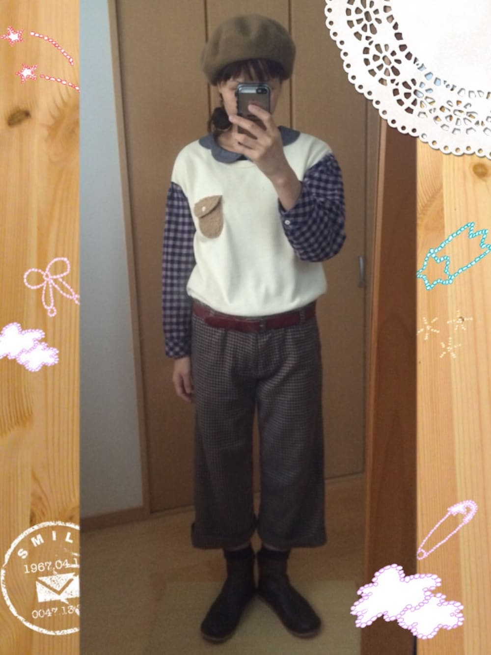 「チェック×チェック、ベレー帽、ガウチョパンツ、pou dou dou、ナチュラル」｜「studio CLIPのアイテム（ハンチング/ベレー帽、ブラウン系）」を使った、まおママさん（レディース・162cm）の冬コーディネートの1枚目の写真