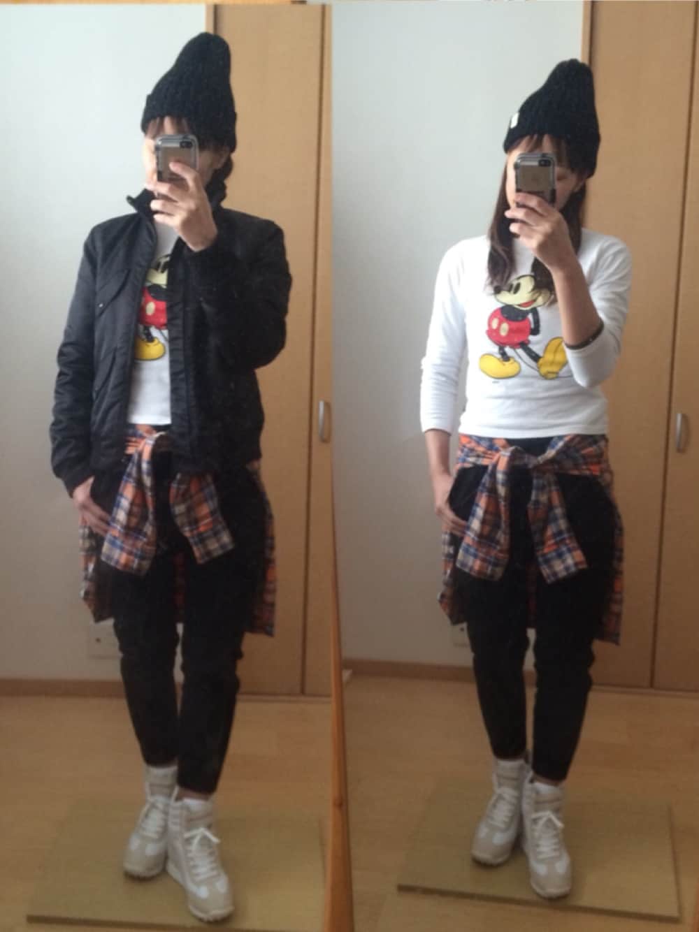 「MA-1、ニットキャップ、チエックシャツ、白いスニーカー」｜「no brandのアイテム（Tシャツ/カットソー、ホワイト系）」を使った、まおママさん（レディース・162cm）の春コーディネートの1枚目の写真