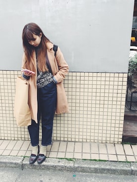 「ハイウエストパンツ」｜「アイテム（チェスターコート）」を使った、うららさん（レディース・156cm）の春コーディネート