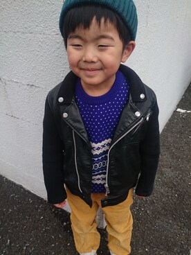 「アイテム（ライダースジャケット）」を使った、gakkさん（キッズ・110cm）の冬コーディネート