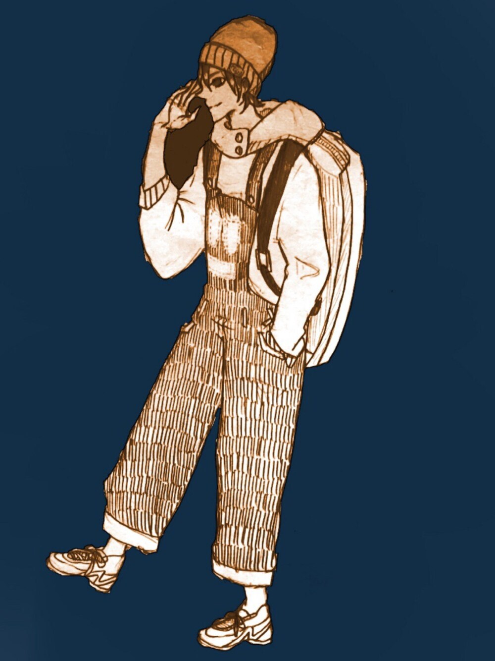 「パーカー、イラスト、マッシュ、男の子、オーバーオール」｜「Cote&CielのCOTE＆CIEL IZAR RUCKSACK 15～17INCH（バックパック/リュック、グレー系）」を使った、らむさん（メンズ・177cm）の夏コーディネートの1枚目の写真