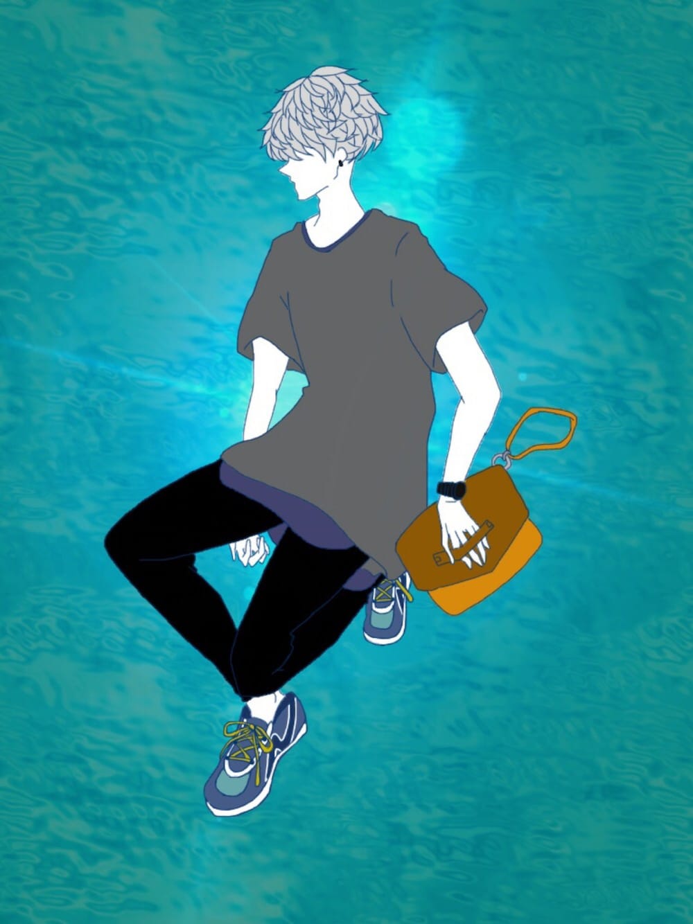 「Tシャツ、マッシュ、イラスト、ピアス」｜「NEW BALANCEの【NEW BALANCE】WOMENS スニーカーML574（スニーカー、ブルー系）」を使った、らむさん（メンズ・177cm）の夏コーディネートの1枚目の写真