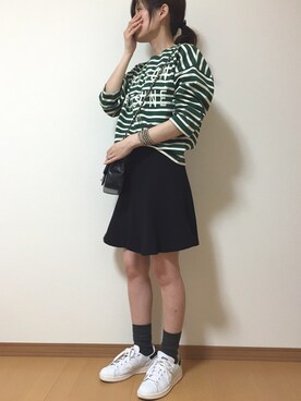 「Maison Kitsune（メゾンキツネ）のアイテム（Tシャツ/カットソー、グリーン系）」を使った、きょんさん（レディース・155cm）の春コーディネート