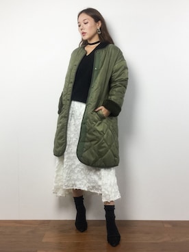 「POU DOU DOU（プードゥドゥ）のアイテム（ノーカラージャケット）」を使った、黒田デビーさん（レディース・165cm）の秋コーディネート