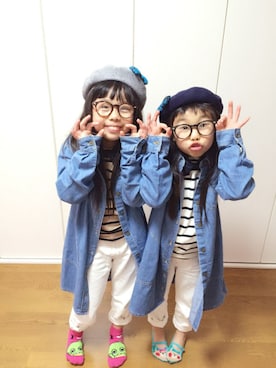 「Right-on（ライトオン）のアイテム（ハンチング/ベレー帽）」を使った、❁◡̈❁くぅ&のん❁◡̈❁さん（キッズ・120cm）の春コーディネート